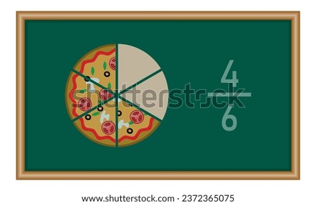 Four sixths pizza fractions. Fraction for kids. Pizza slices. Fraction fun with pizza. vector illustration isolated on chalkboard.