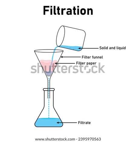 Process of filtration diagram. Mixture of solid and liquid. Solid and liquid, filter funnel, filter paper, filtrate. Scientific resources for teachers and students.