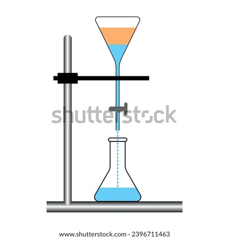 Separating mixtures of water and oil by funnel diagram. Stand, oil, water, separating funnel and conical flask. Low and high density liquid. Scientific resources for teachers and students.