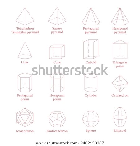 3D geometric shapes. Triangular, pentagonal and hexagonal prism and pyramid. Cone, cube, cuboid, cylinder, octahedron, icosahedron, dodecahedron, sphere and ellipsoid. Vector illustration.