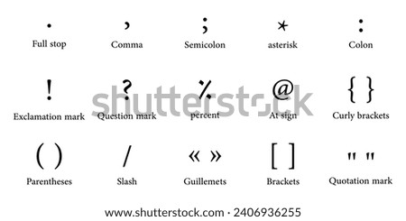 List of punctuation marks in english grammar. Full stop, comma, semicolon, asterisk, colon, exclamation and question mark, percent, at sign, curly brackets, parentheses, slash, guillemets.