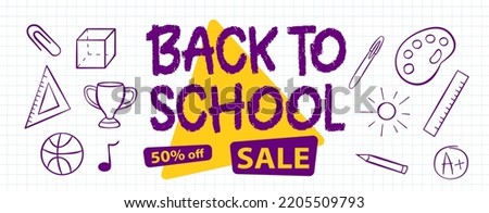 Back To School sale banner. Checkered sheet of paper. Vector illustration. Cartoon	