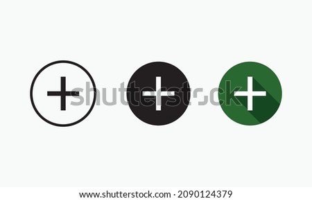 Plus Sign Symbol Icon in Circle of 3 Types : White Outline, Black Glyph and Green Color with Shadow, Isolated on White Background, Vector Image Template