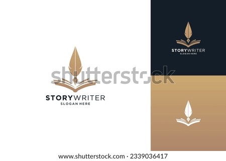 Golden author logo design. Quill pen with book logo design combination.