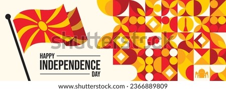Happy Macedonia Republic Day greeting card, banner, poster design print. Macedonian flag grunge vector illustration on white background with text. Republic national holiday, 2 august

