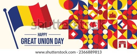 Romania national day banner with Romanian flag colors theme background and geometric abstract retro modern blue yellow red design. Raised fists of patriot supporters. Triangles Vector Illustration.

