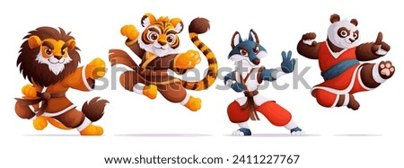 Set of four kung fu master characters. A lion, a tiger, a wolf and a panda in a kimono are practicing kung fu. Dynamic poses, colorful detailed Cartoon style vector.