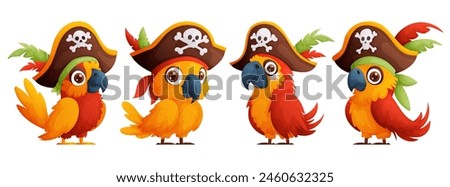 Set of cartoon pirate birds in a ship captains hat. A cute and bright parrot in a large pirate hat.