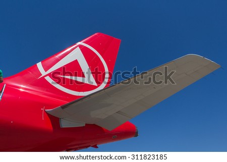 Antalya, Turkey, 31.08.2015: Close up tail detail from the Atlasglobal airlines airplane at Antalya Airport