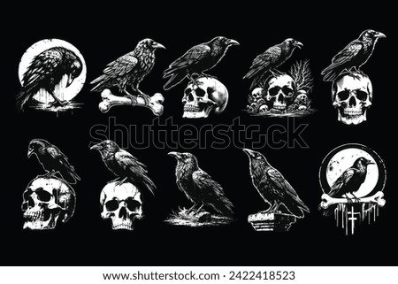 Set Bundle Dark Art Crows Raven Bird with Skull and Bones Grunge Vintage Old School Style illustration for Merch