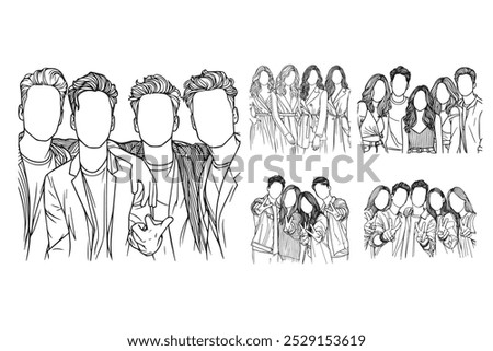 Line Art Best Four Friendship Photo Art Black and White Illustration Hand Drawn Clipart