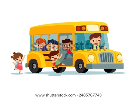 Vector cartoon illustration of happy children boarding a school bus for back to school. Boys and girls with backpacks greeting friends, excited for a new school day.