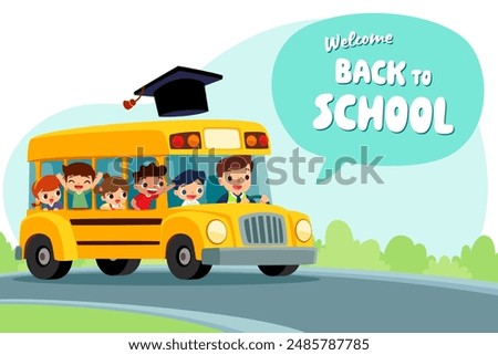 Happy kids on a school bus with a graduation cap journey back to school, and a 