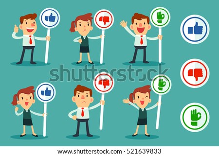 set of businessman and women holding sign with thumps up ,thumps down and OK hand icon
