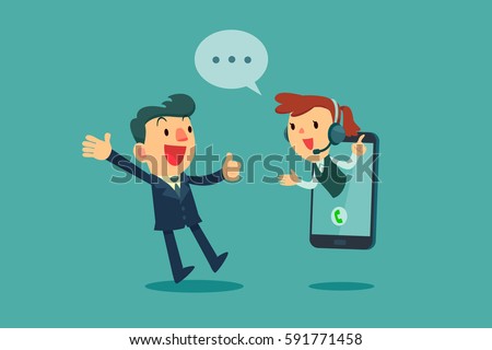 Happy businessman give thumb up to call center operator on screen of smart phone. Online customer service concept.