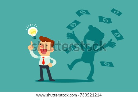 Businessman with idea bulb and his successful shadow get a lot of money. Business creativity concept.
