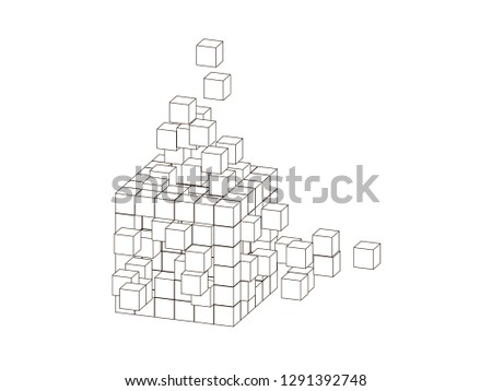 Wireframe cube from small cubes. Big Data concept. Vector outline illustration. Dimetric projection. 