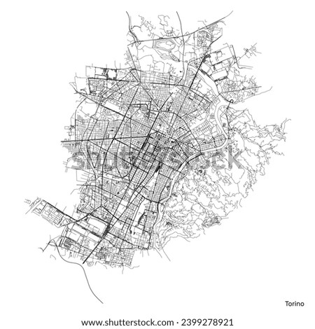 Turin city map with roads and streets, Italy. Vector outline illustration.