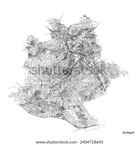 Stuttgart city map with roads and streets, Germany. Black and white. Vector outline illustration.