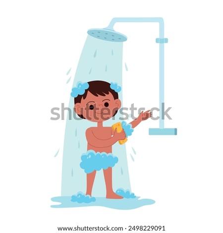 Happy boy taking shower in bathroom cartoon image