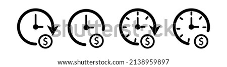 Dollar time icon set, monochrome, isolated on white