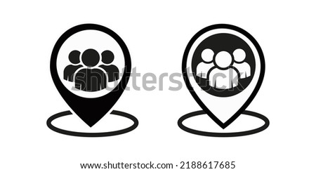 Meeting point location icon. Friends nearby. Group of people inside pinpoint. Fill vector icon