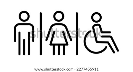 Toilet signage icon, wc or bathroom for various gender, signs of men women and wheelchair for restroom, thin line symbol on white background - editable stroke vector illustration.