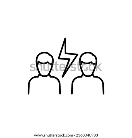 Two people and lightning voltage between them. onflict, discord , scandal. Vector linear icon isolated on white background.