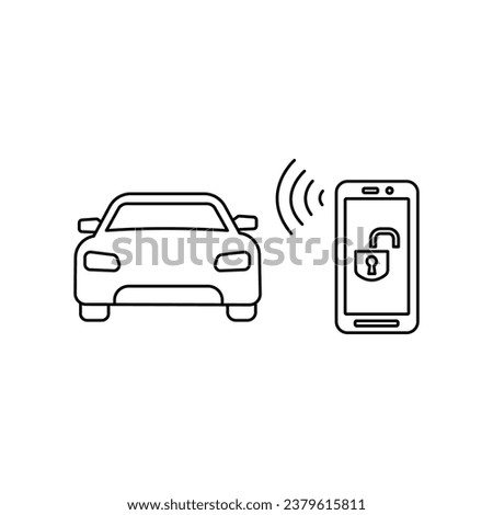 Car key in smartphone icon, using smart lock application, automatic locking or open door in vehicle, phone nfc technology, close auto, thin line symbol on white background - editable stroke vector