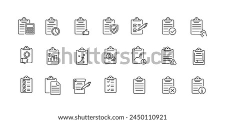 Clipboard, checklist, report, survey or agreement editable stroke outline icons set isolated on white background flat vector illustration. Pixel perfect.