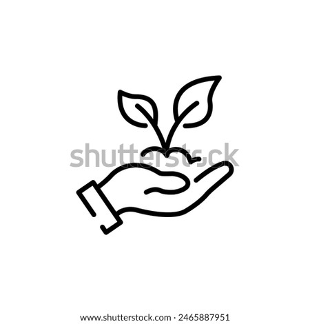 Plant in hand line icon. Hand holding plant with leaves vector outline sign.