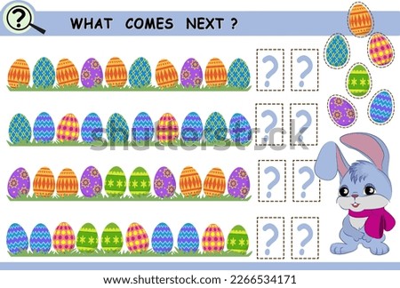 What comes next, continue the row of objects, colorful easter eggs. Educational logical game for children. Vector illustration.