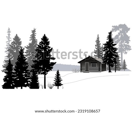 Winter forest landscape with wooden house, black and white style. Vector illustration.