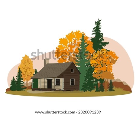 Autumn landscvape with wooden house. Vector illustration.