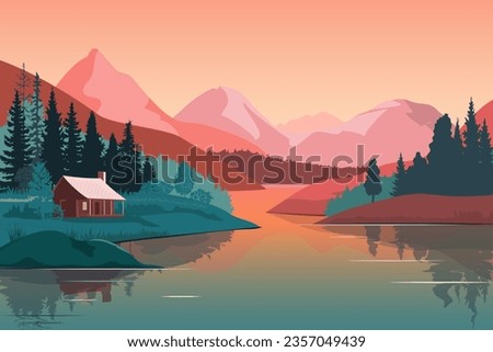 Similar – Image, Stock Photo Sunset cabin landscape with river and forest