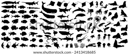 Big collection of sea animals. More than 100 silhouettes of various types of sea animals. Vector illustration