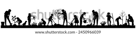 Children, men and women silhouettes on white background. Family working in the garden. Vector illustration.