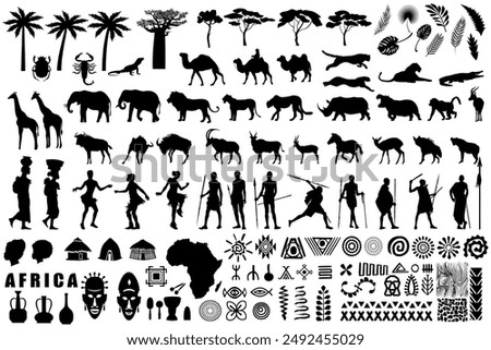 African icons, elements, patterns, people and animal silhouettes. Vector illustration