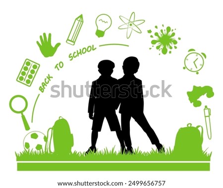 Back to school. Children silhouettes with school icons on white background. Vector illustration.