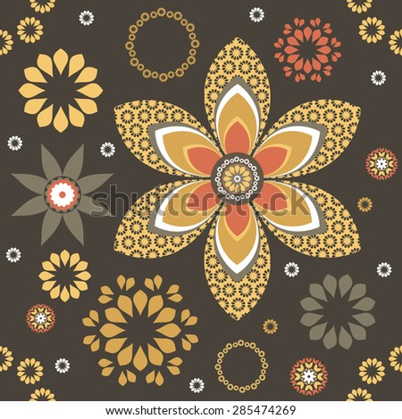 Decorative Sunflower seamless  pattern with brown background and yellow flowers