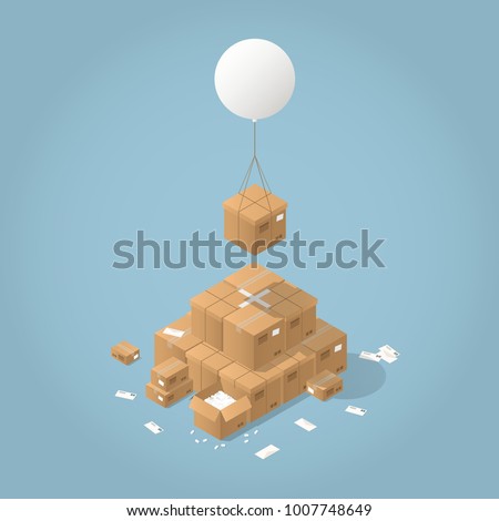 Vector isometric mail delivery concept illustration. Cardboard box are delivered by flying balloon to the stack of parcel boxes of different sizes and shapes.