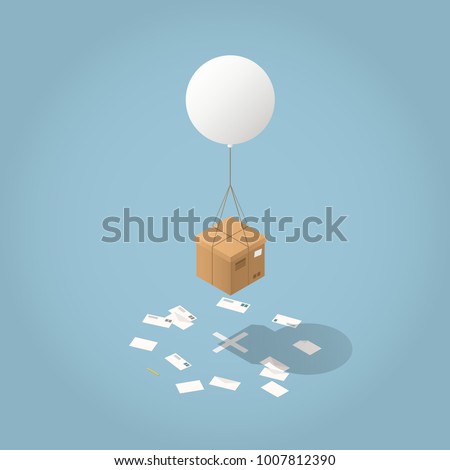 Vector isometric mail delivery concept illustration. Cardboard box are delivered by flying balloon to its destination - cross on the floor with envelopes all around.