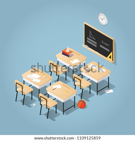 Detailed vector isometric illustration of  classroom. School desks with books, papers and stationery on it in a classroom with a blackboard clocks on a wall. Read up for exams in a classroom concept.