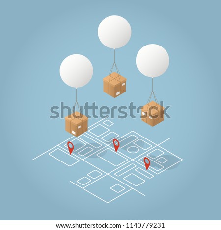 Vector isometric mail delivery concept illustration. Cardboard boxes are delivered by flying balloons to its destination on abstract map.