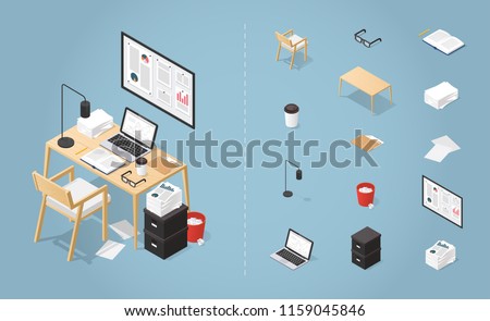 Office workplace vector isometric concept illustration. Work table composition plus collection of objects: table, chair, laptop, trash bin, lamp. glasses, folder, boxes, board, pile of papers.