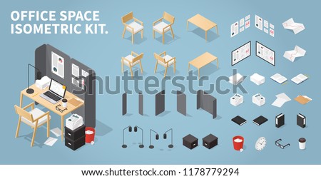 Office workplace vector isometric concept illustration. Work table composition plus collection of objects: table, chair, laptop, trash bin, lamp. glasses, folder, boxes, board, pile of papers, clocks.
