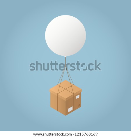 Vector isometric mail delivery concept illustration. Cardboard box are delivered by flying balloon.