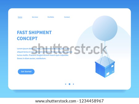 Vector isometric mail delivery illustration. Cardboard box are delivered by flying balloon. Landing page concept