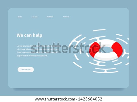 Vector isometric illustration of a lifebuoy floating on a surface. Red and white lifebuoy emergency assistance to a customer landing page concept.