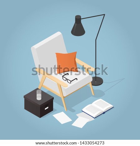 Vector isometric illustration of cozy reading place at home. Armchair in mid century style with a pillow, floor lamp, open book, papers, glasses, glass of water.
